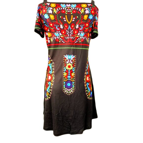 MODAL & POLYESTER SIZE M COLD SHOULDER EMBOSSED BRIGHT PRINT ON BLACK MINI DRESS - Picture 2 of 4